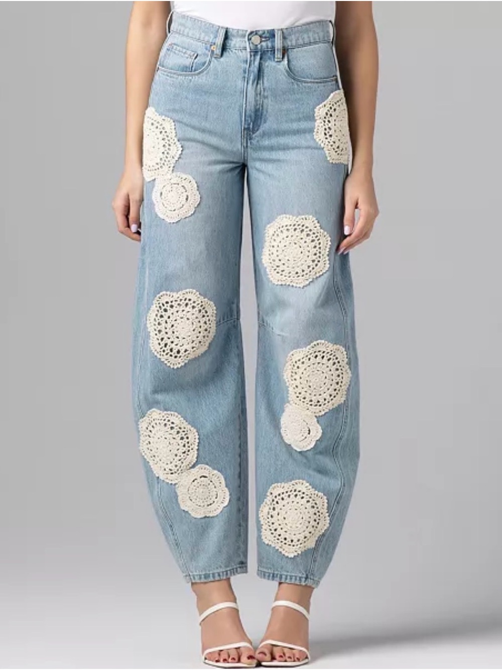 Blank NYC Light Blue Wide-Leg Jeans with Cream Crochet Patches